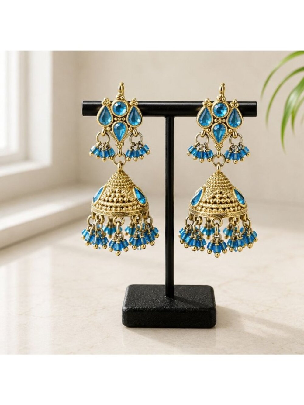 Traditional Gold-Plated Blue Crystal Jhumka Earrings With Beaded Detailing 5.5cm